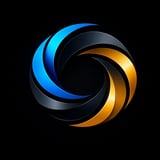 Abstract spiral logo with blue, gray, and gold ribbons forming a circular swirl on black background